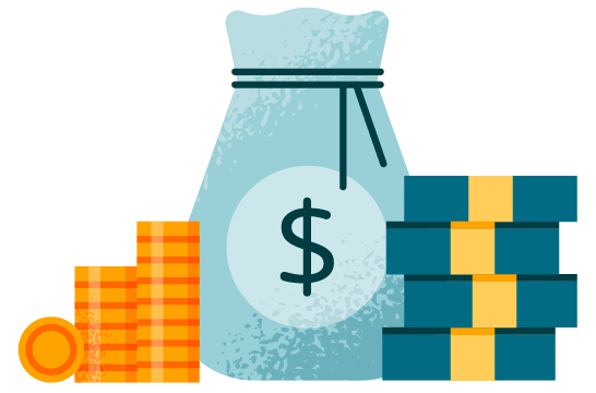 Illustration of money in different forms: coins, stacks of dollar bills, bag with a dollar sign