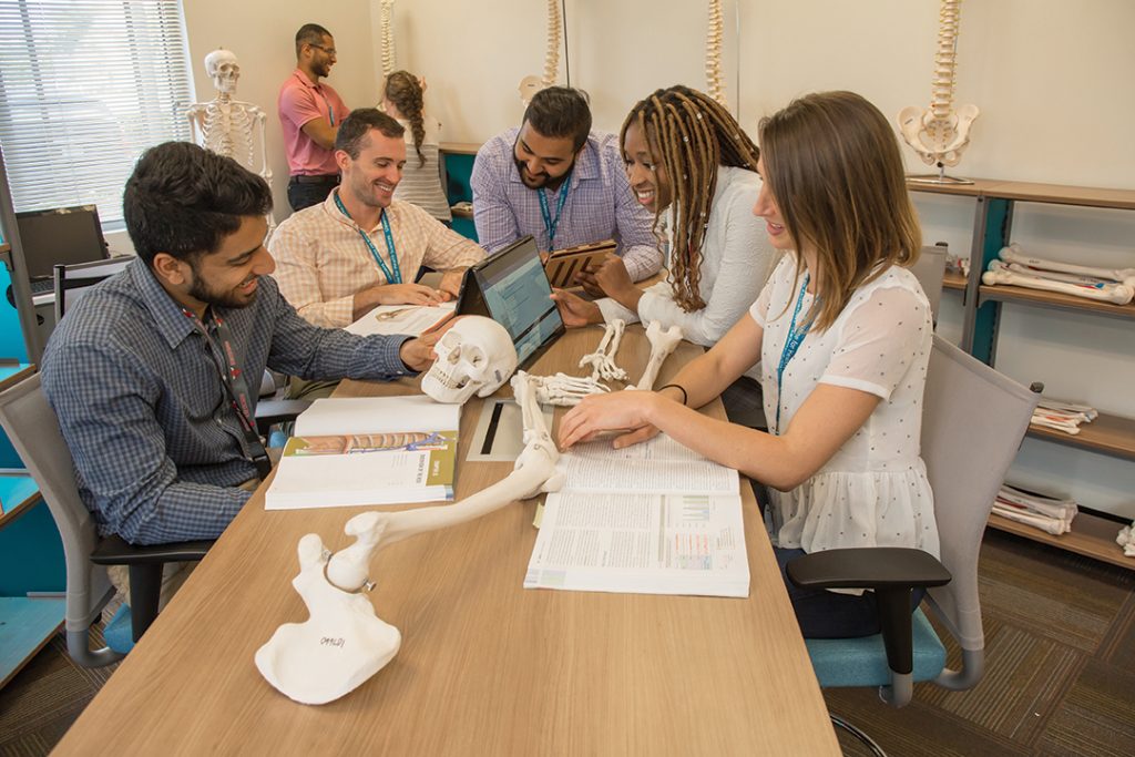 The library makes hands-on resources like bone models, treatment tables, goniometers, wedges, and stethoscopes available for students to check out. Librarian Shaina Berlant provides on-site support to students and faculty for their research and information needs.