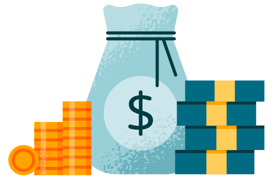 Illustration of money in different forms: coins, stacks of dollar bills, bag with a dollar sign