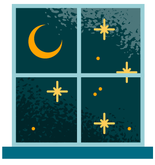 Illustration of a night sky, some stars, and the moon, seen through a window.