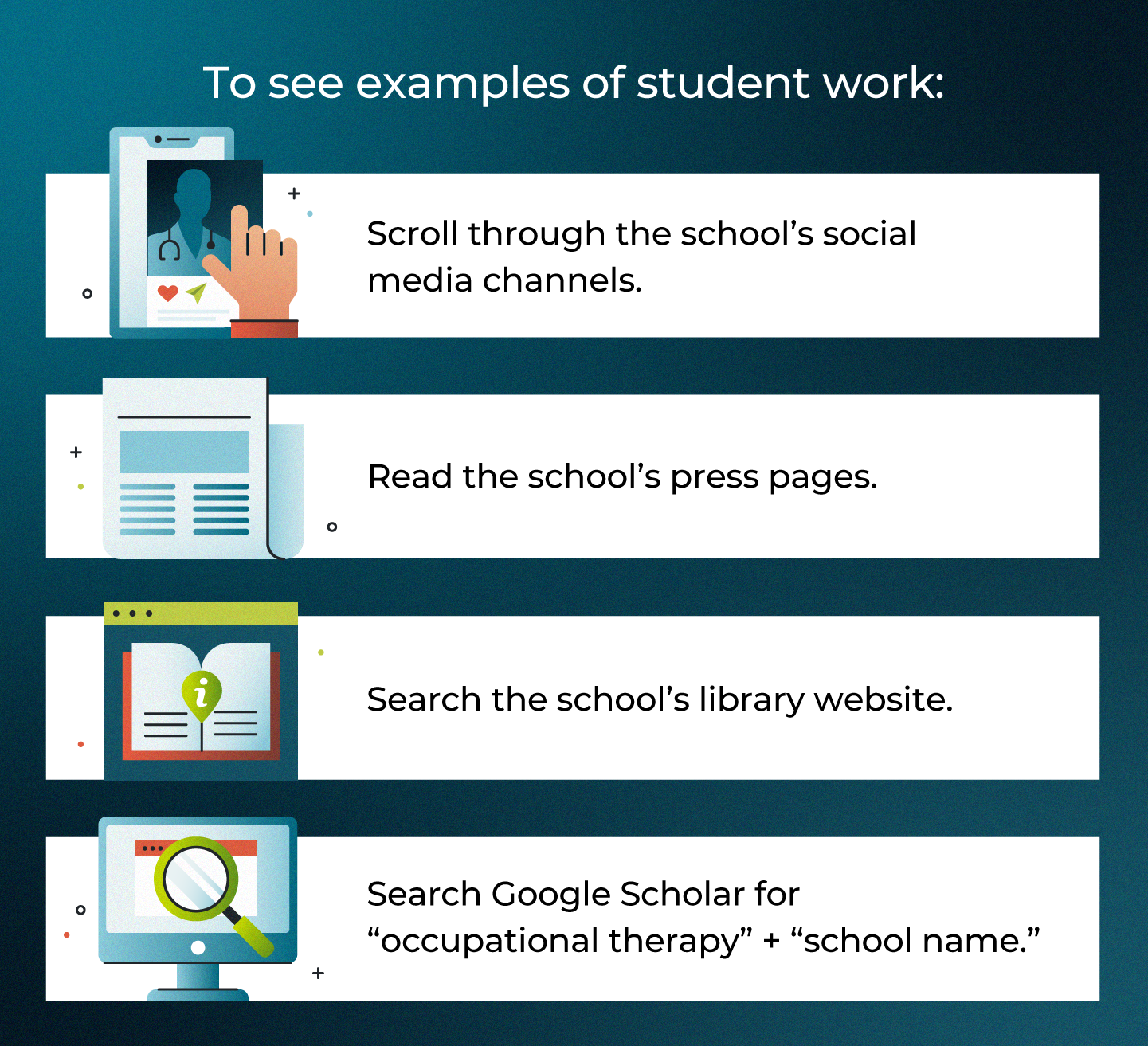Tips to find student work when looking at OT schools.