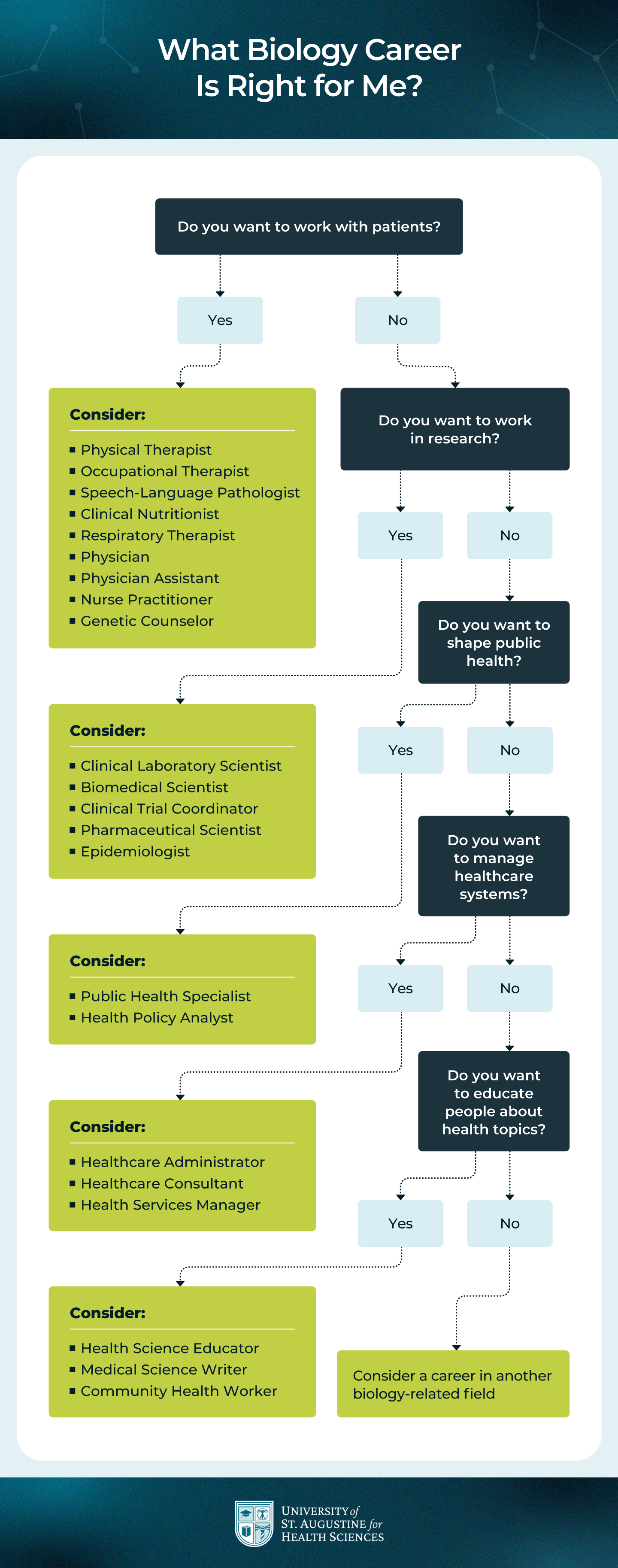 Flowchart to help you decide what biology career to pursue.