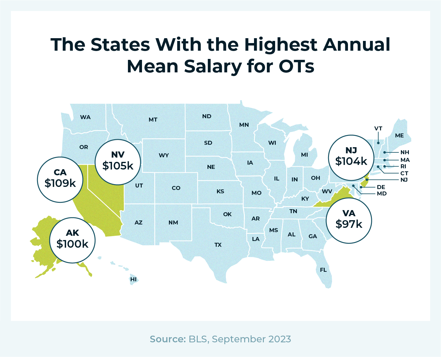 states with the highest annual mean salary for OTs in 2023