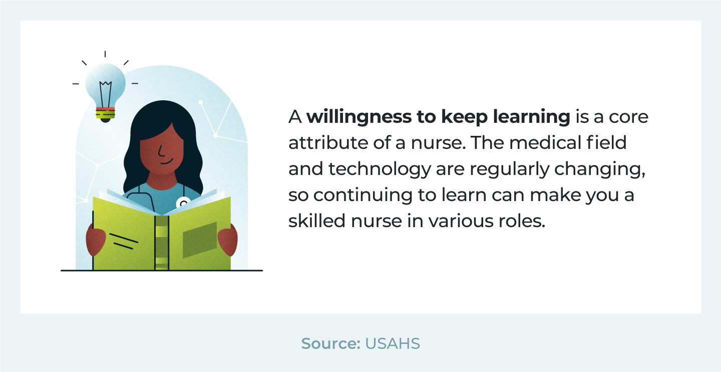 A willingness to keep learning is a good nurse quality.
