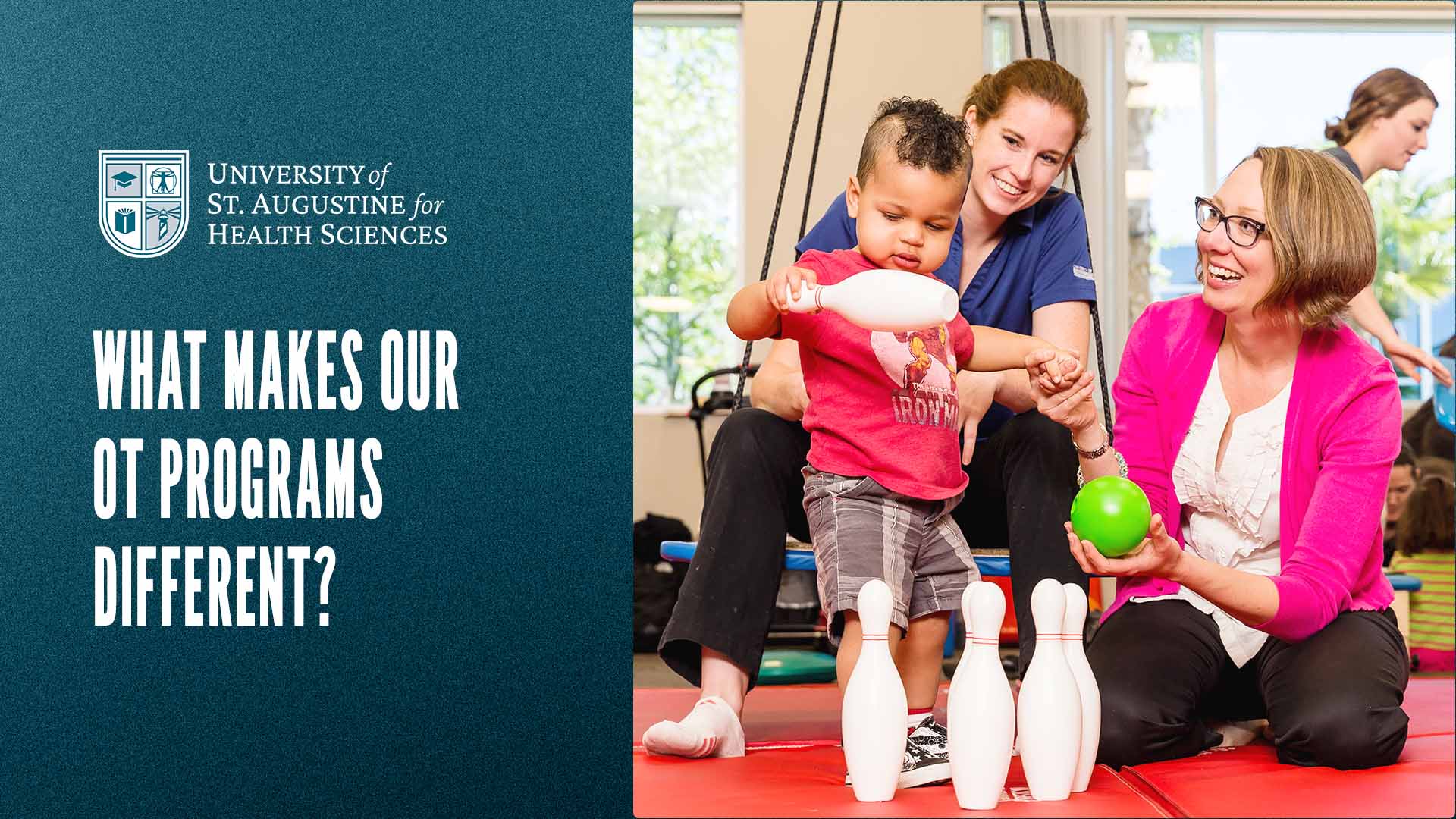 Two USAHS occupational therapy clinicians guiding a young child through a pediatric balance and coordination activity with bowling pins.